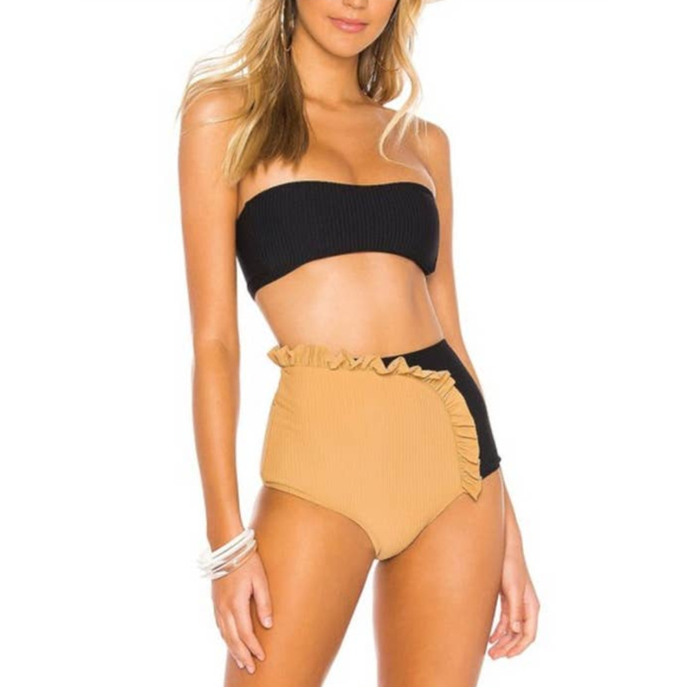 made by Dawn Arc High Waisted Bikini Bottom in Camel & Rock Black & Tan L NWOT